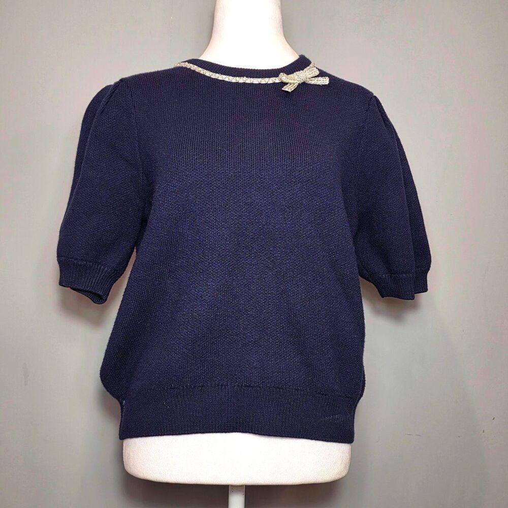English Factory Short Sleeved Pullover Sweater Navy Embellished Rhinestones MD